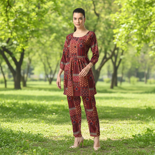 T-Touch Women's Casual Crepe Long Sleeves Cord Set (Maroon)