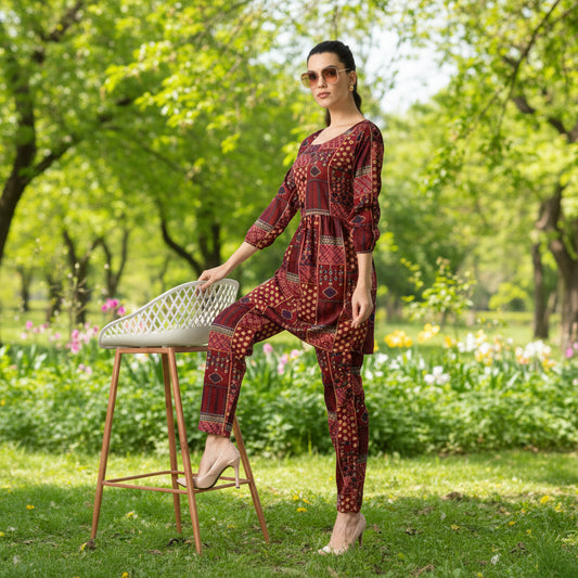 T-Touch Women's Casual Crepe Long Sleeves Cord Set (Maroon)