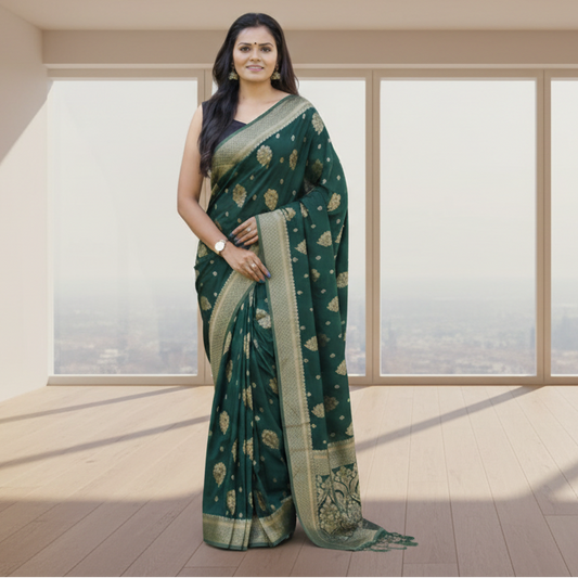 T-Touch Women's Soft Lichi Silk Zari Woven Kanjeevaram Saree (Bottle-Green)