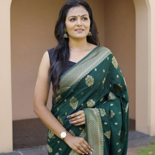 T-Touch Women's Soft Lichi Silk Zari Woven Kanjeevaram Saree (Bottle-Green)