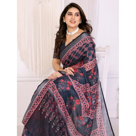 T-Touch Women's Linen Cotton Printed Saree with Blouse Piece (Black)