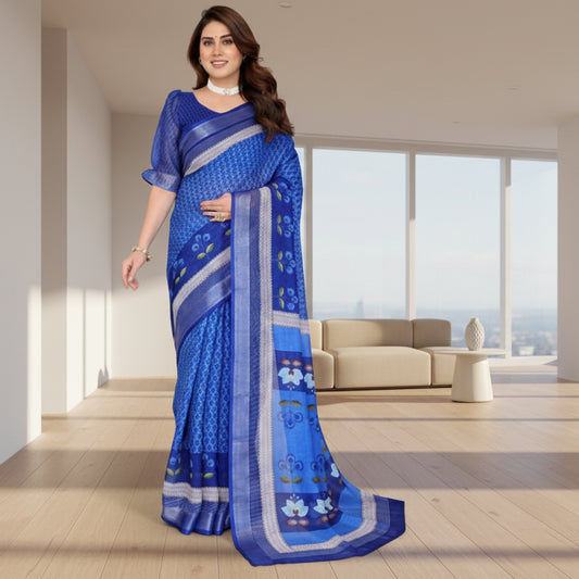 T-Touch Women's Linen Cotton Printed Saree with Blouse Piece (Blue)