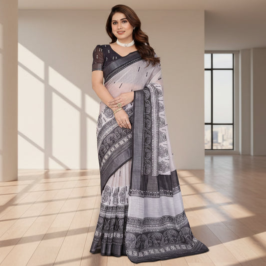 T-Touch Women's Linen Cotton Printed Saree with Blouse Piece (White & Black)